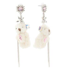 BETSEY JOHNSON White Stone Plush Teddy Bear Drop Earrings